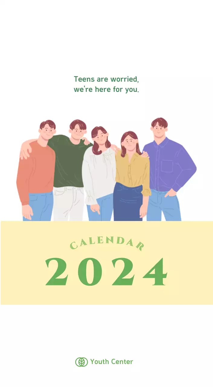Calendar with youth illustrations on a yellow and green background