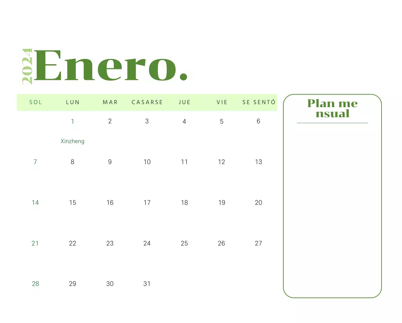 Calendario con ilustraciones juveniles sobre fondo amarillo y verde