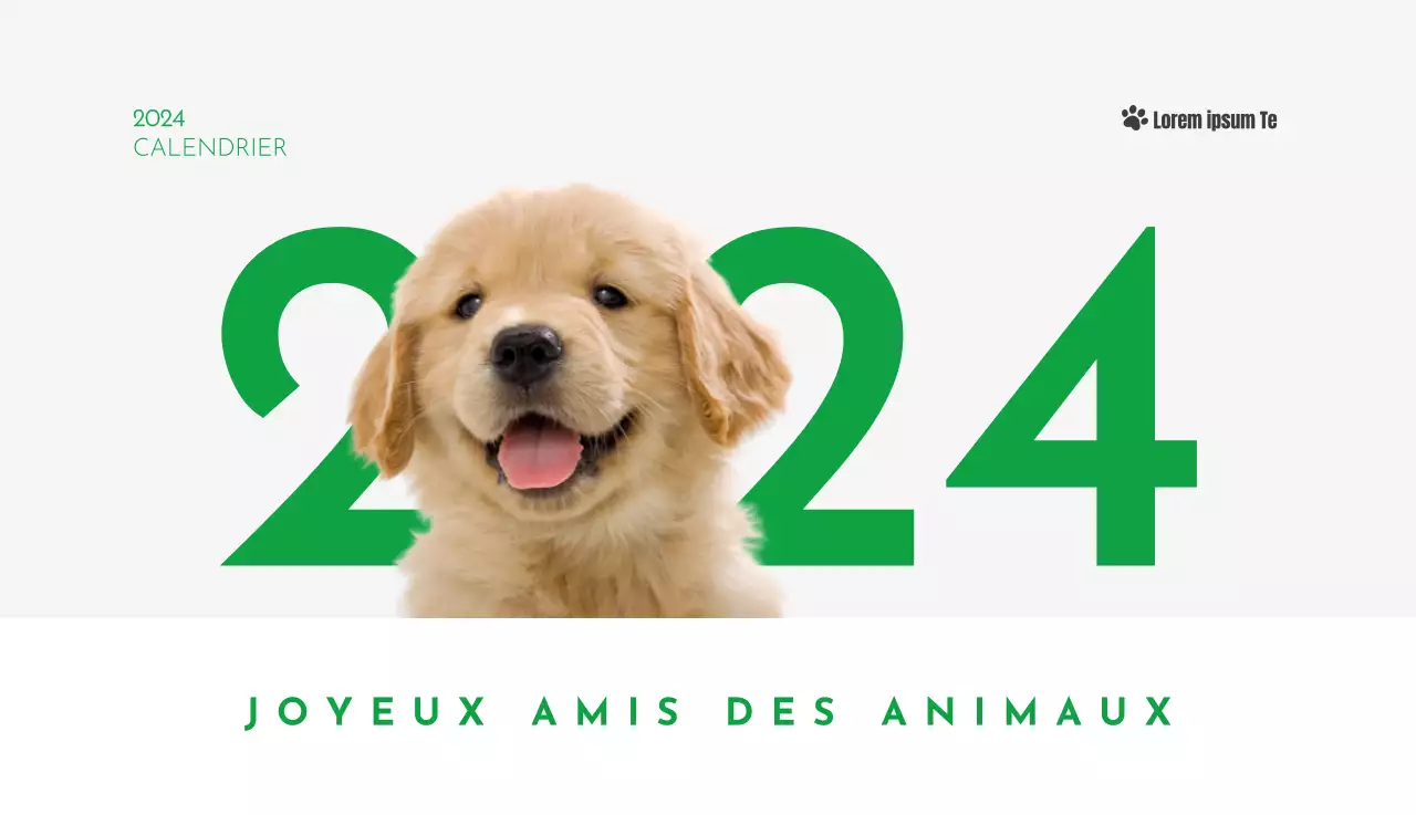 Un calendrier avec la photo d'un chiot et un message mignon aux accents verts.