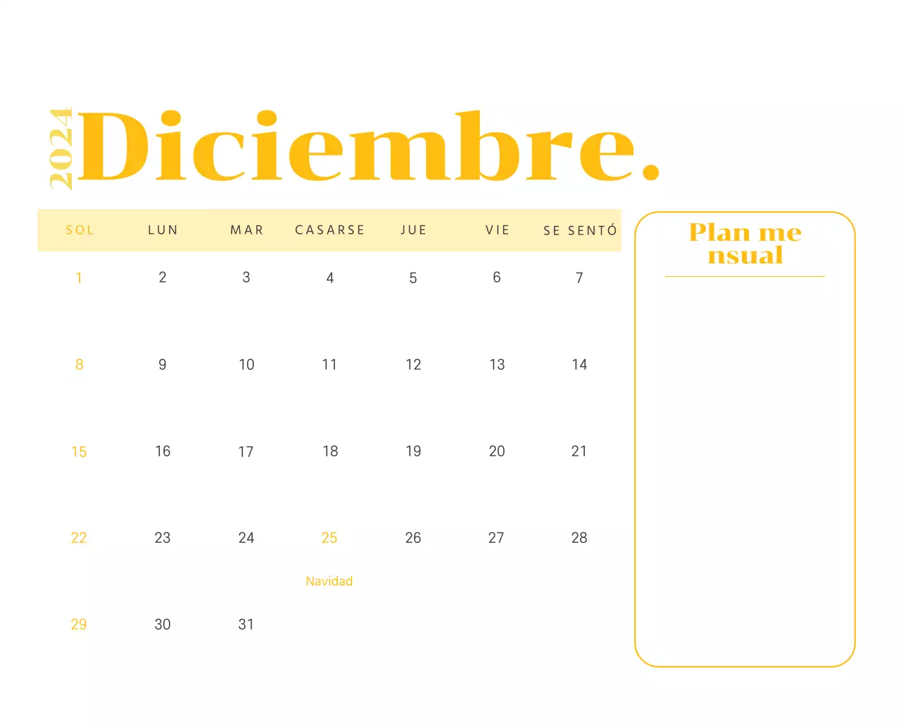 Calendario con ilustraciones juveniles sobre fondo amarillo y verde