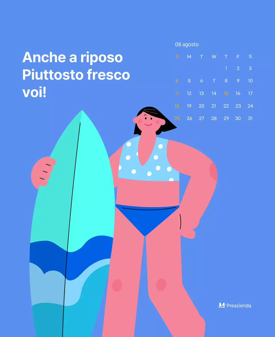 Calendario motivazionale con illustrazioni energetiche e citazioni positive su sfondo azzurro