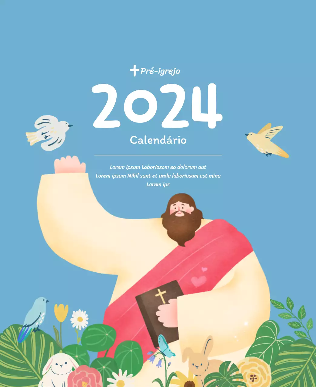 Um calendário devocional com ilustrações acolhedoras e versículos bíblicos sobre um fundo azul claro