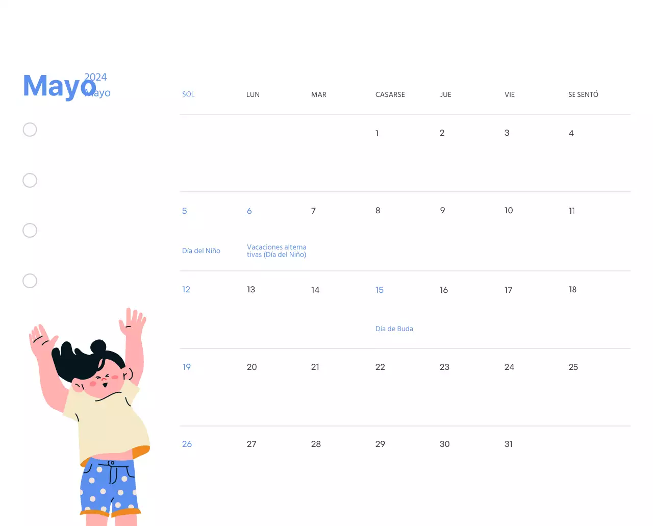 Calendario motivacional con ilustraciones llenas de energía y citas positivas sobre fondo azul claro