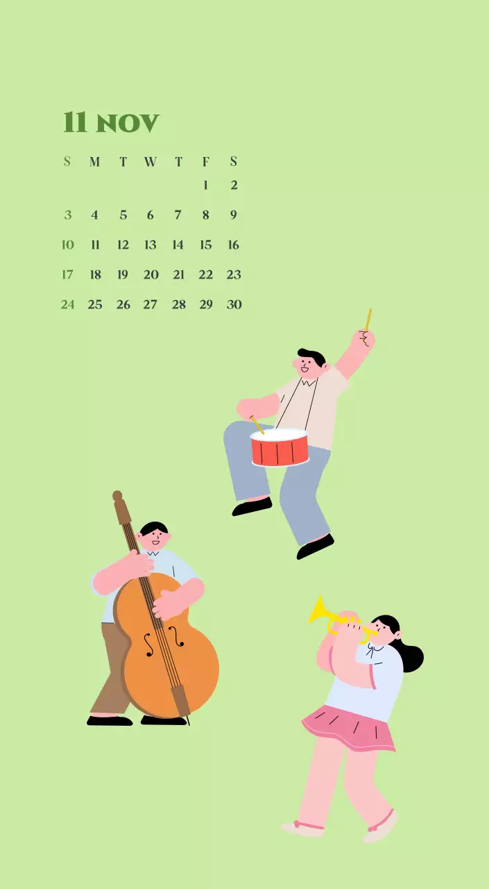 Calendar with youth illustrations on a yellow and green background