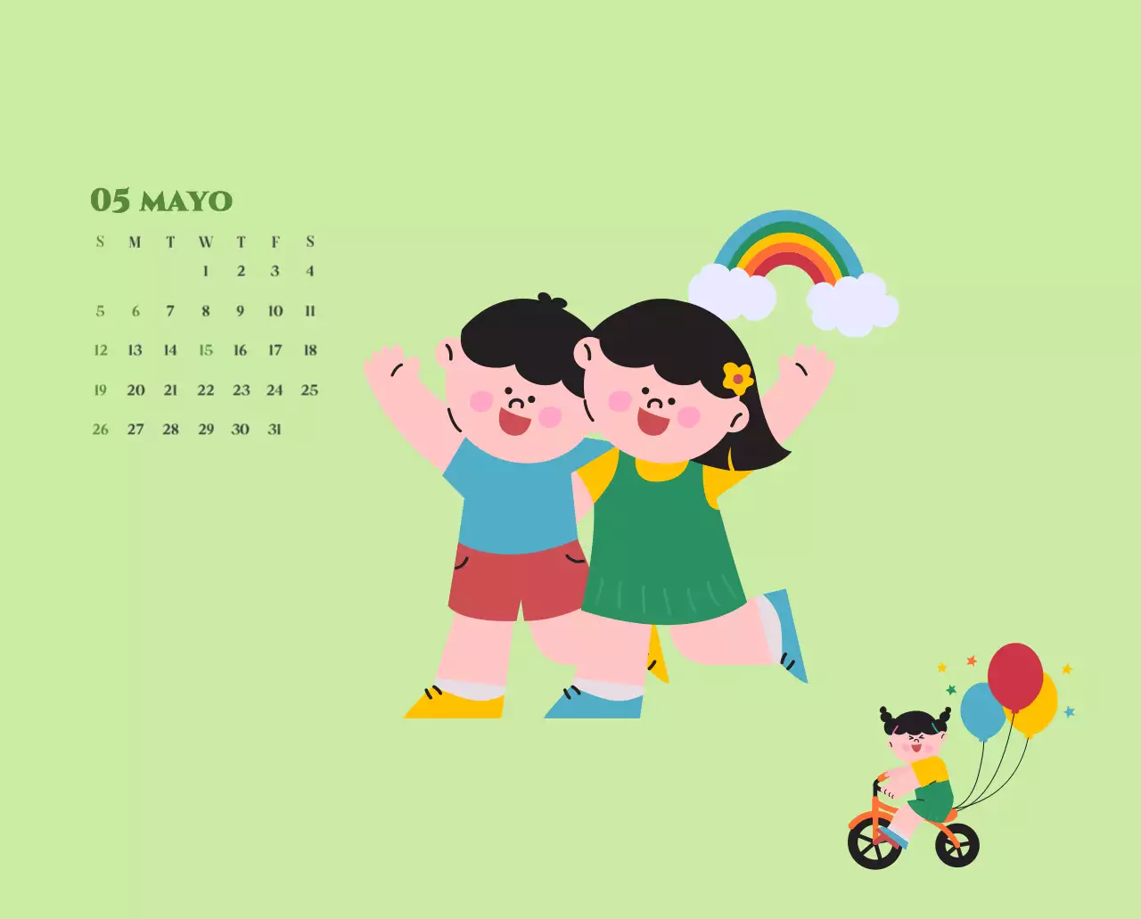 Calendario con ilustraciones juveniles sobre fondo amarillo y verde