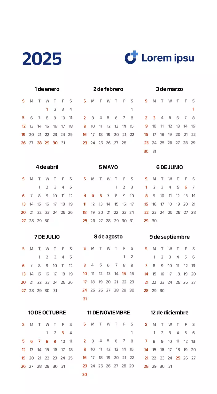 Calendario sencillo con ilustraciones limpias en azul