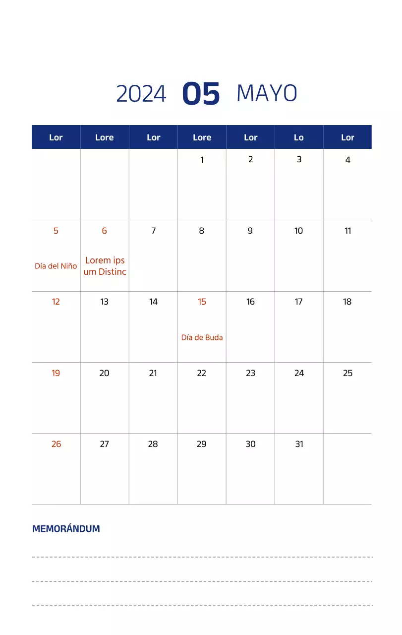 Calendario sencillo con ilustraciones limpias en azul