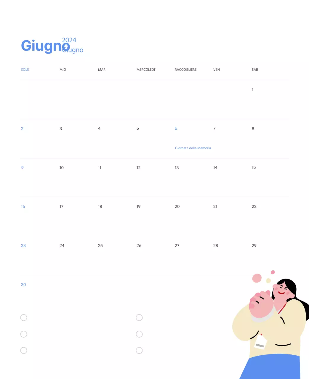 Calendario motivazionale con illustrazioni energetiche e citazioni positive su sfondo azzurro