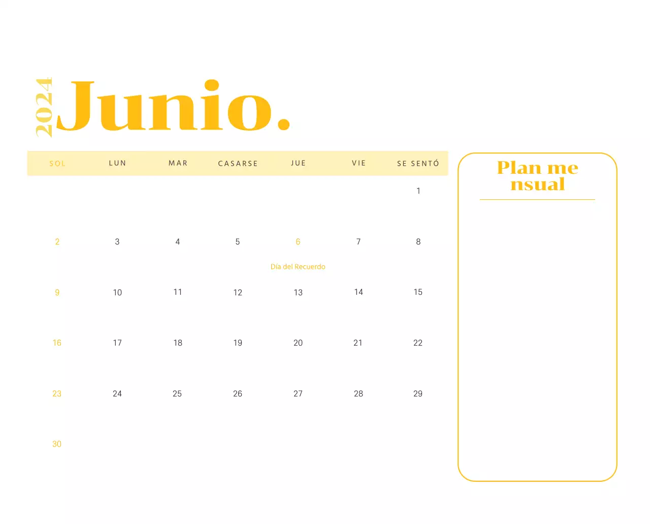 Calendario con ilustraciones juveniles sobre fondo amarillo y verde