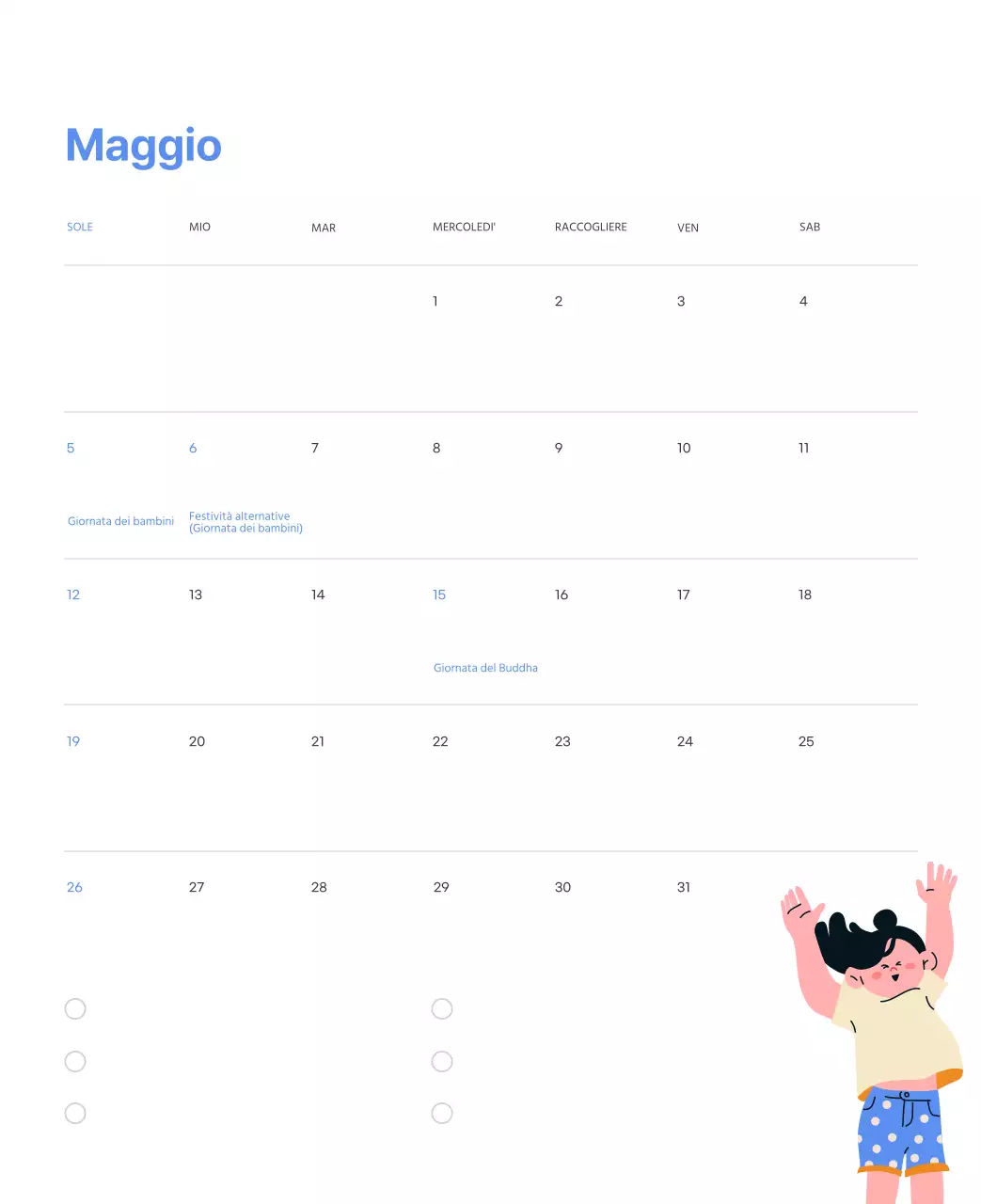 Calendario motivazionale con illustrazioni energetiche e citazioni positive su sfondo azzurro