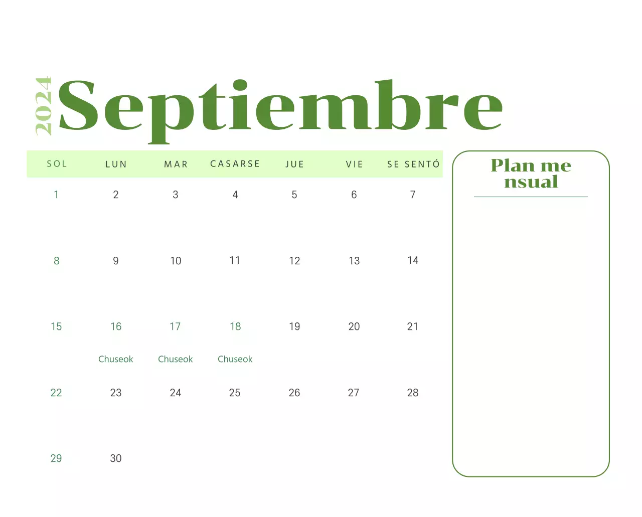 Calendario con ilustraciones juveniles sobre fondo amarillo y verde