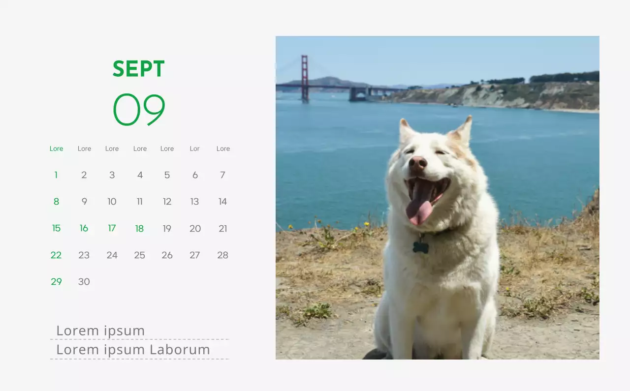 Un calendrier avec la photo d'un chiot et un message mignon aux accents verts.