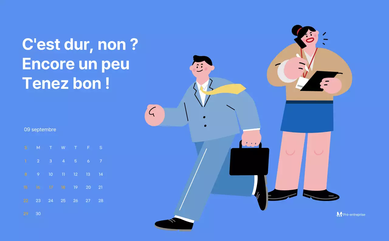 Calendrier de motivation avec des illustrations énergiques et des citations positives sur un fond bleu clair