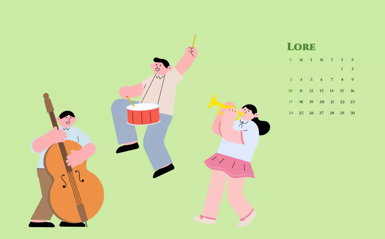 Calendario con illustrazioni giovanili su sfondo giallo e verde