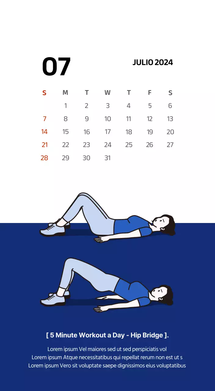 Calendario sencillo con ilustraciones limpias en azul