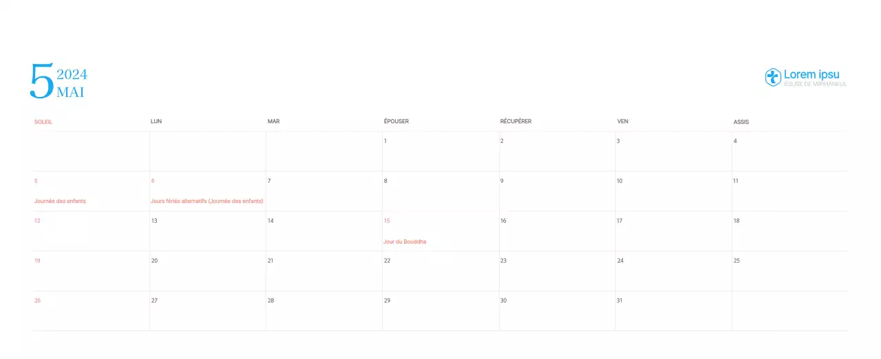 Calendrier d'église moderne bleu