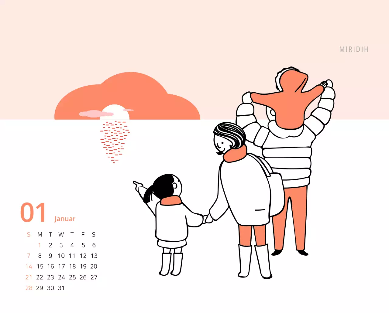 Niedlich illustrierter grüner Tischkalender mit Familienthemen