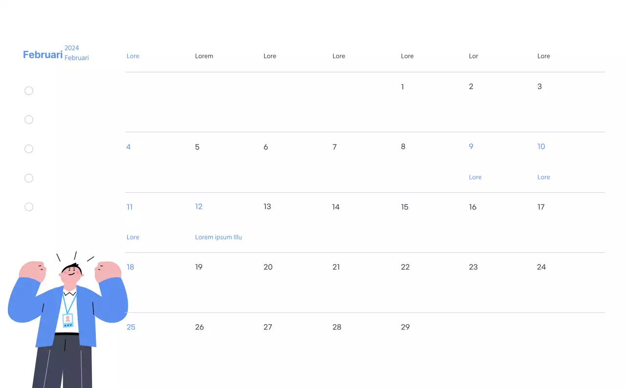 Motiverende kalender met energieke illustraties en positieve citaten op een lichtblauwe achtergrond