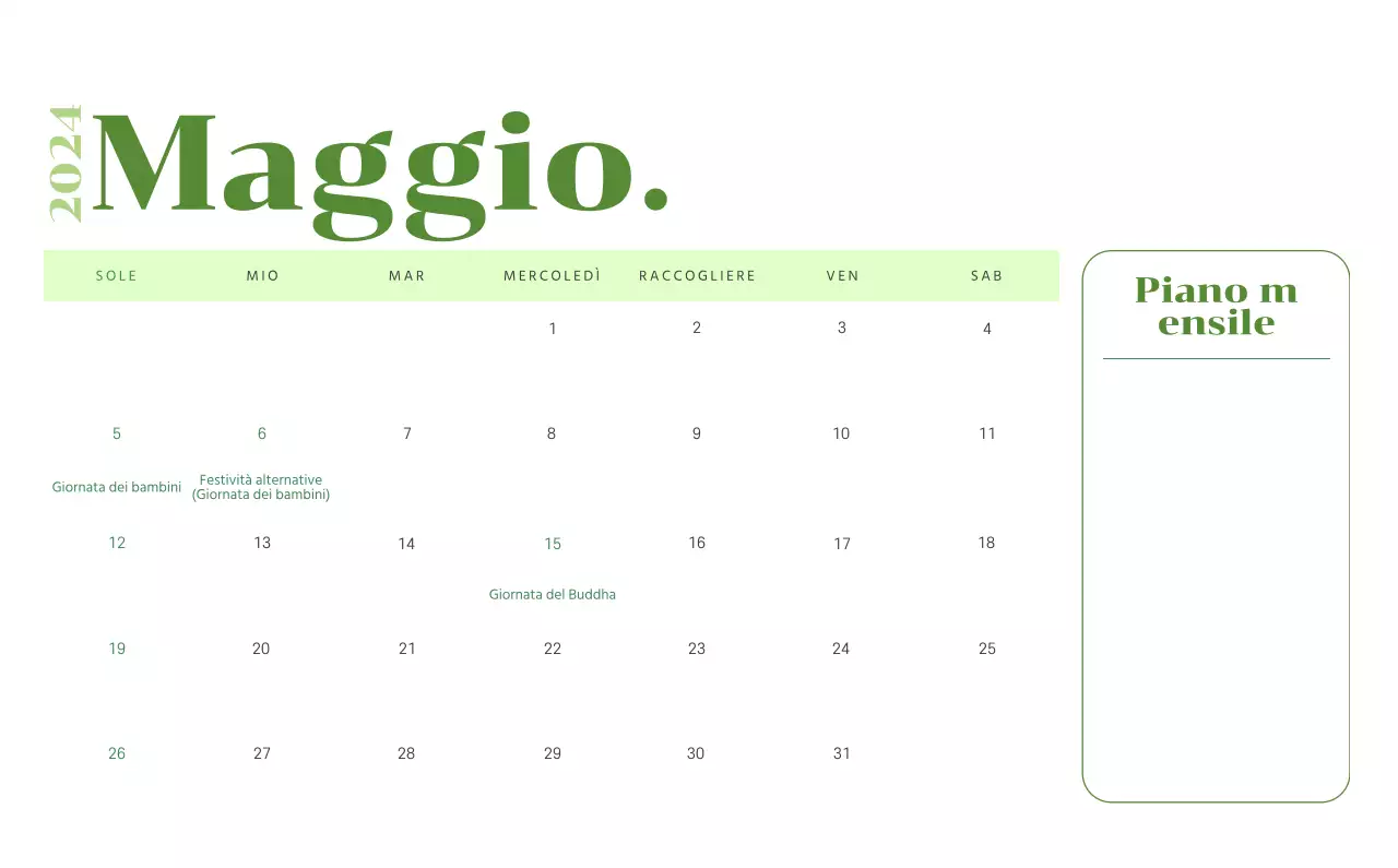Calendario con illustrazioni giovanili su sfondo giallo e verde