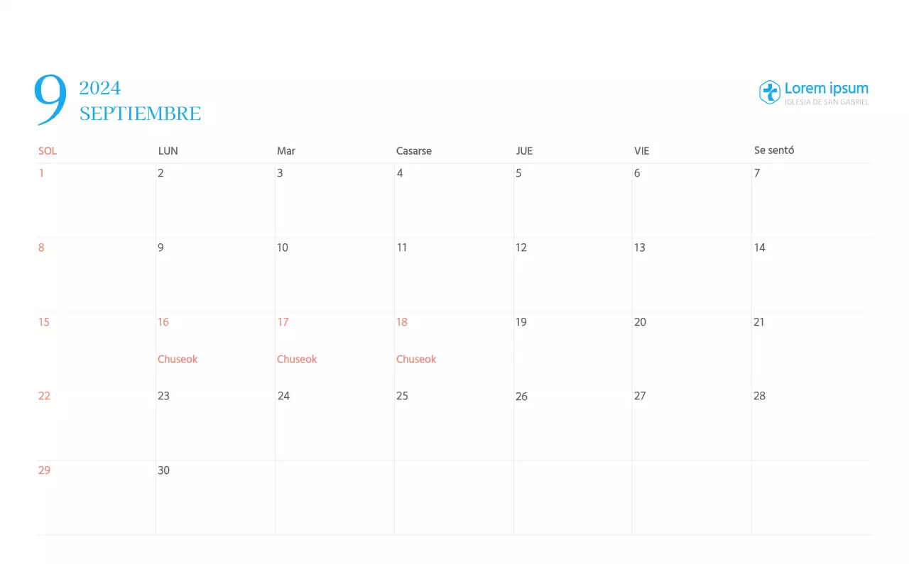 Calendario eclesiástico azul de concepto moderno
