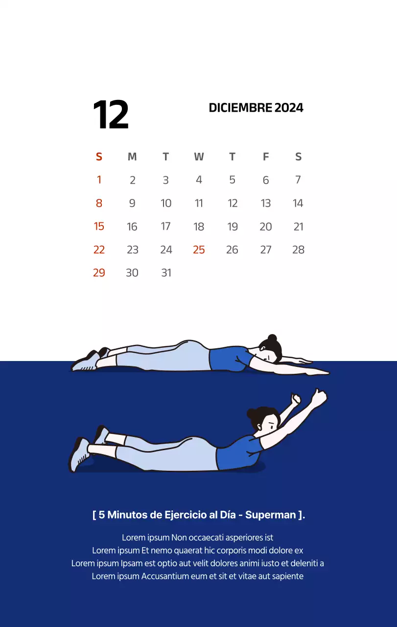 Calendario sencillo con ilustraciones limpias en azul