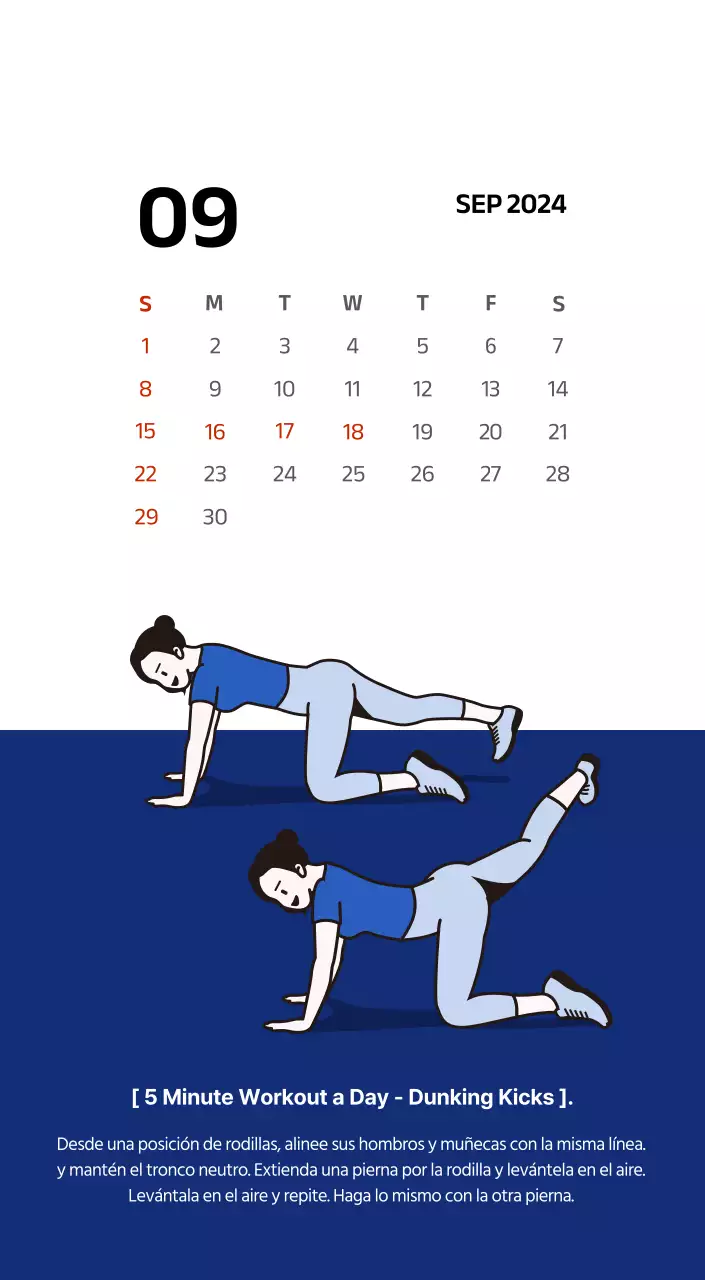 Calendario sencillo con ilustraciones limpias en azul