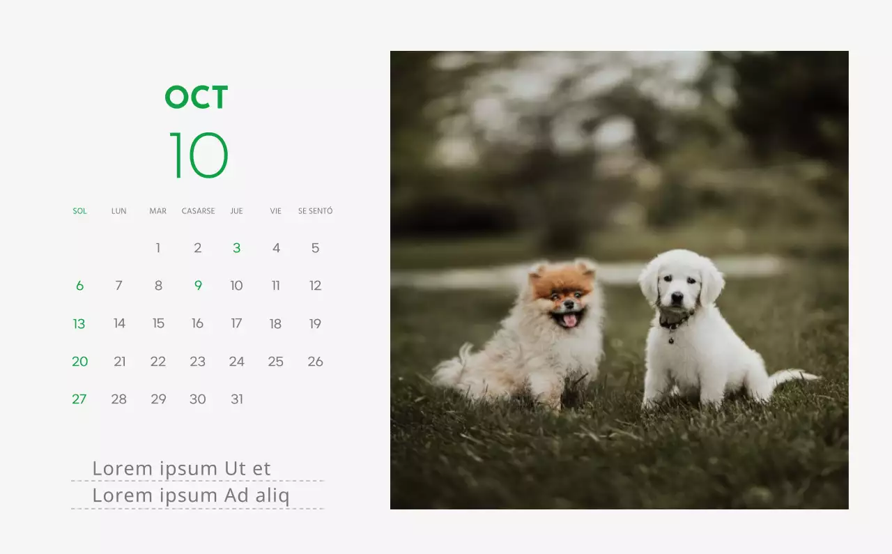 Un calendario con la imagen de un cachorro y un bonito mensaje en tonos verdes.
