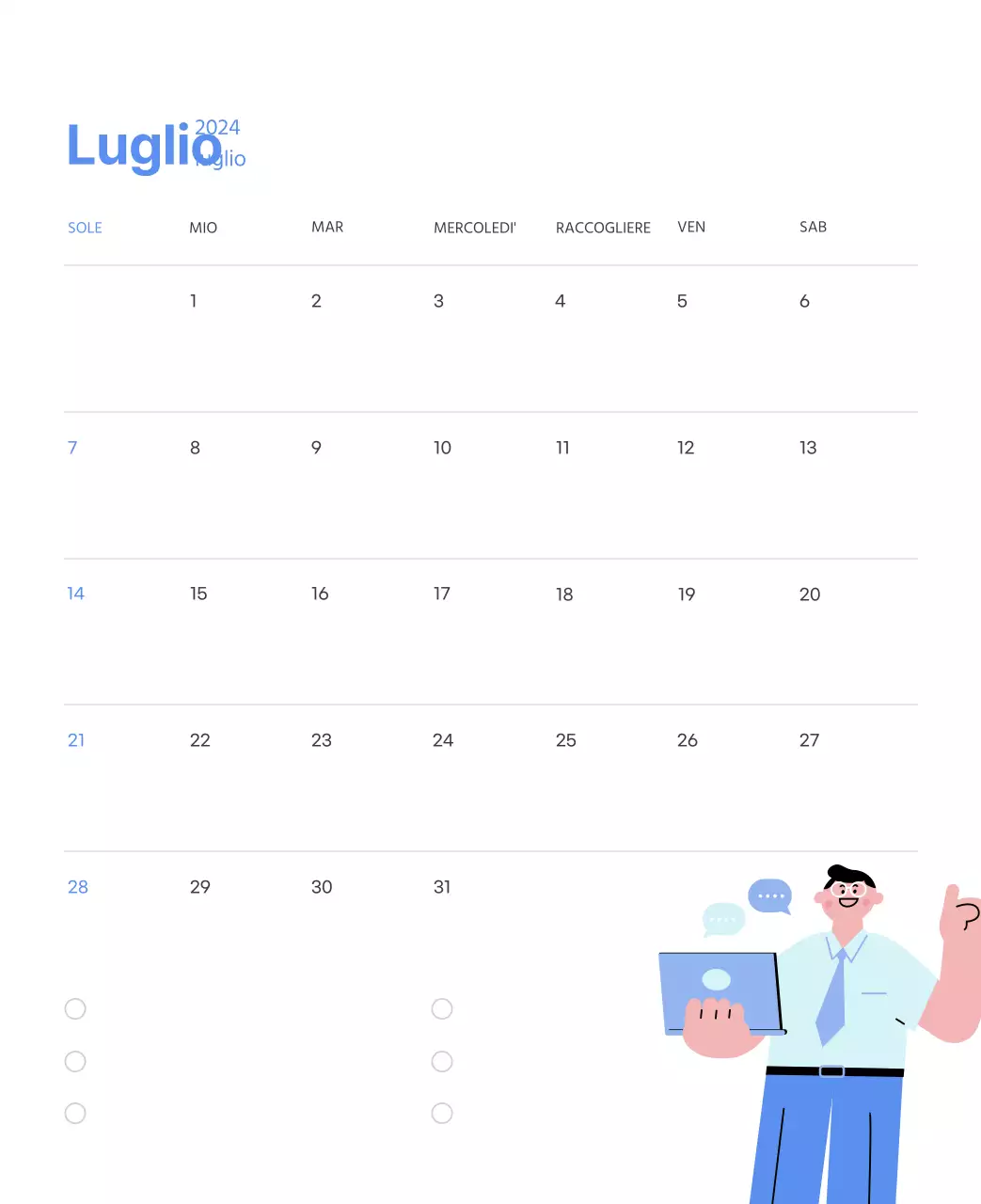 Calendario motivazionale con illustrazioni energetiche e citazioni positive su sfondo azzurro