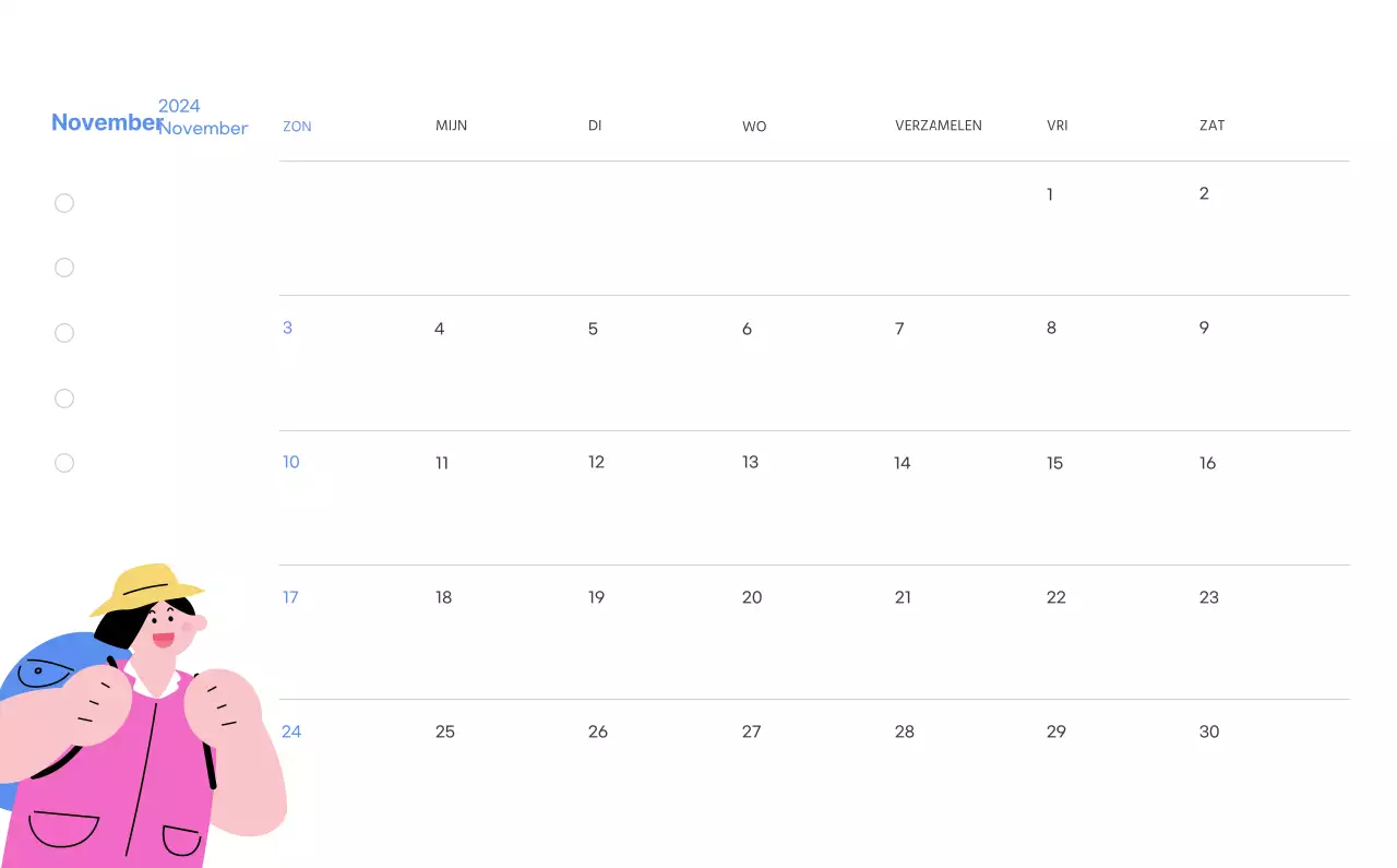 Motiverende kalender met energieke illustraties en positieve citaten op een lichtblauwe achtergrond
