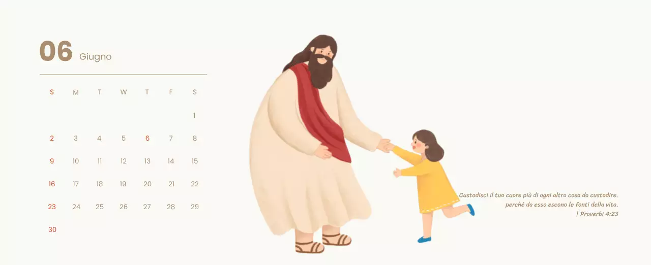 Un calendario devozionale con illustrazioni accoglienti e versetti della Bibbia su uno sfondo blu chiaro