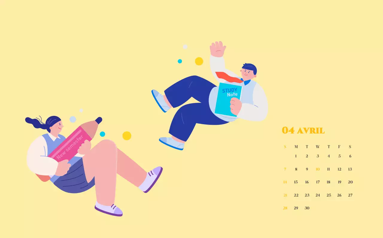 Calendrier avec illustrations de jeunes sur fond jaune et vert
