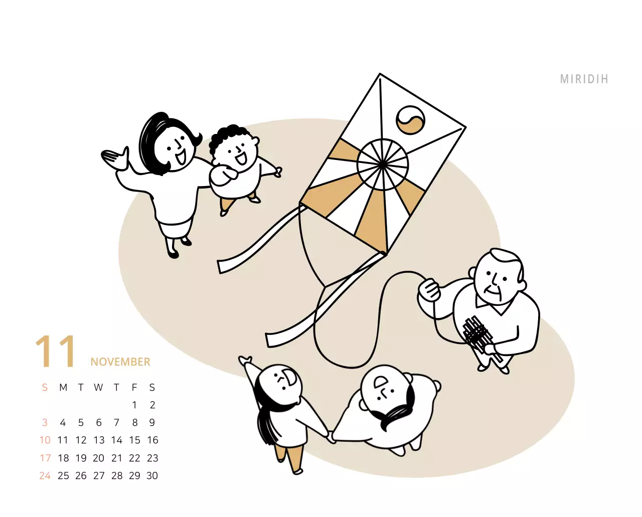 Niedlich illustrierter grüner Tischkalender mit Familienthemen