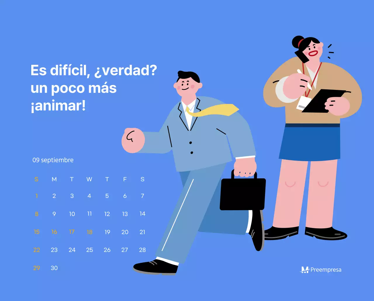 Calendario motivacional con ilustraciones llenas de energía y citas positivas sobre fondo azul claro