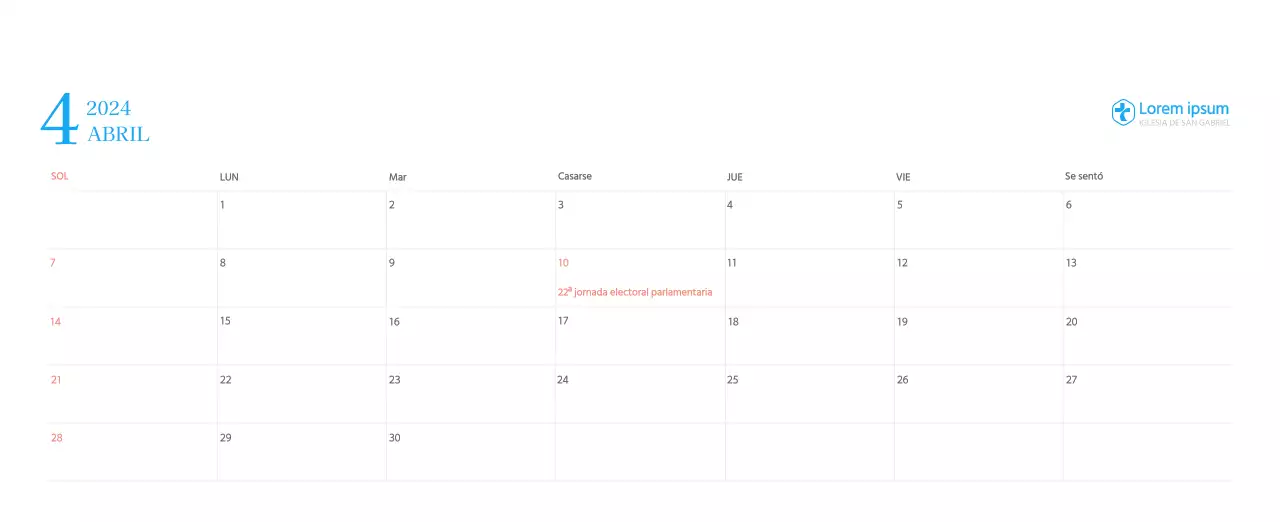 Calendario eclesiástico azul de concepto moderno