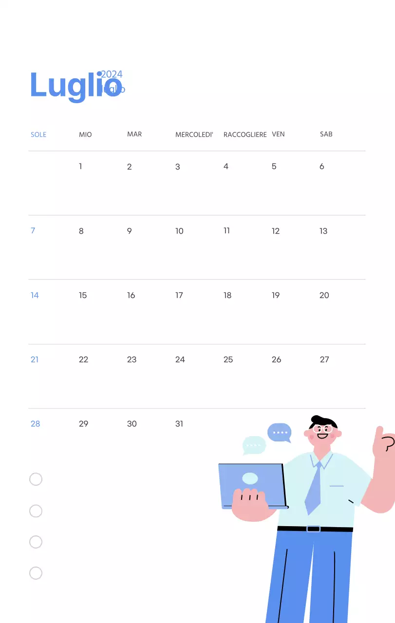 Calendario motivazionale con illustrazioni energetiche e citazioni positive su sfondo azzurro