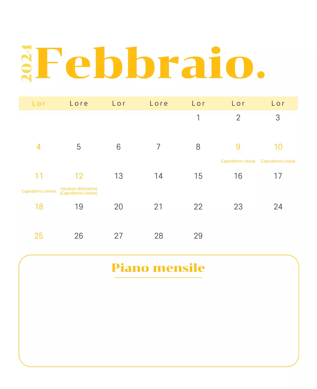 Calendario con illustrazioni giovanili su sfondo giallo e verde