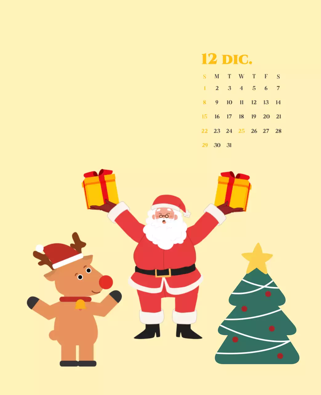 Calendario con illustrazioni giovanili su sfondo giallo e verde