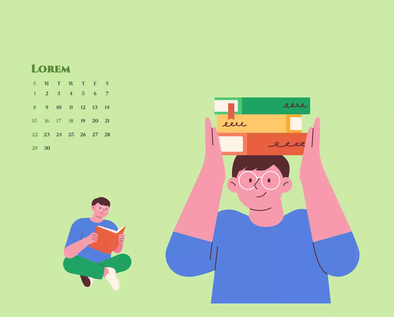 Calendrier avec illustrations de jeunes sur fond jaune et vert