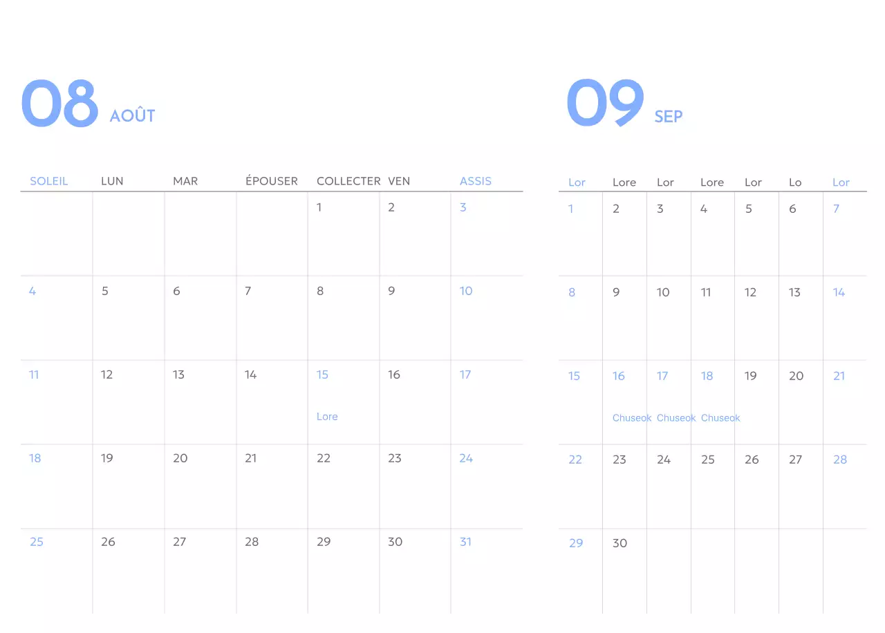 Calendrier de suivi des objectifs avec accents bleus