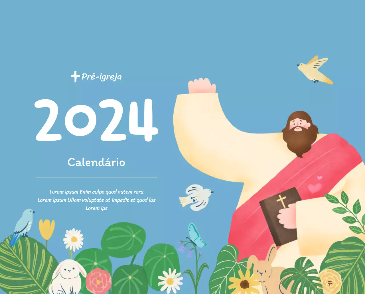 Um calendário devocional com ilustrações acolhedoras e versículos bíblicos sobre um fundo azul claro