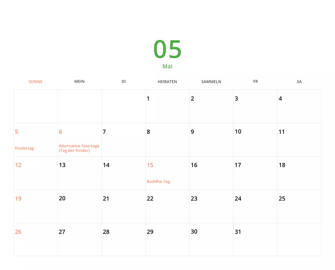 Niedlich illustrierter grüner Tischkalender mit Familienthemen