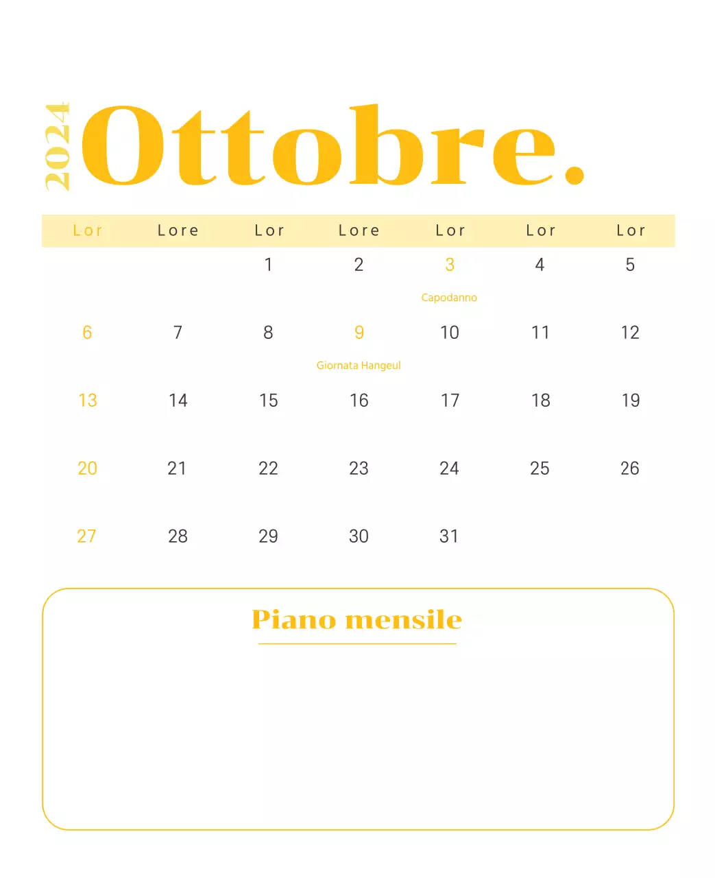 Calendario con illustrazioni giovanili su sfondo giallo e verde