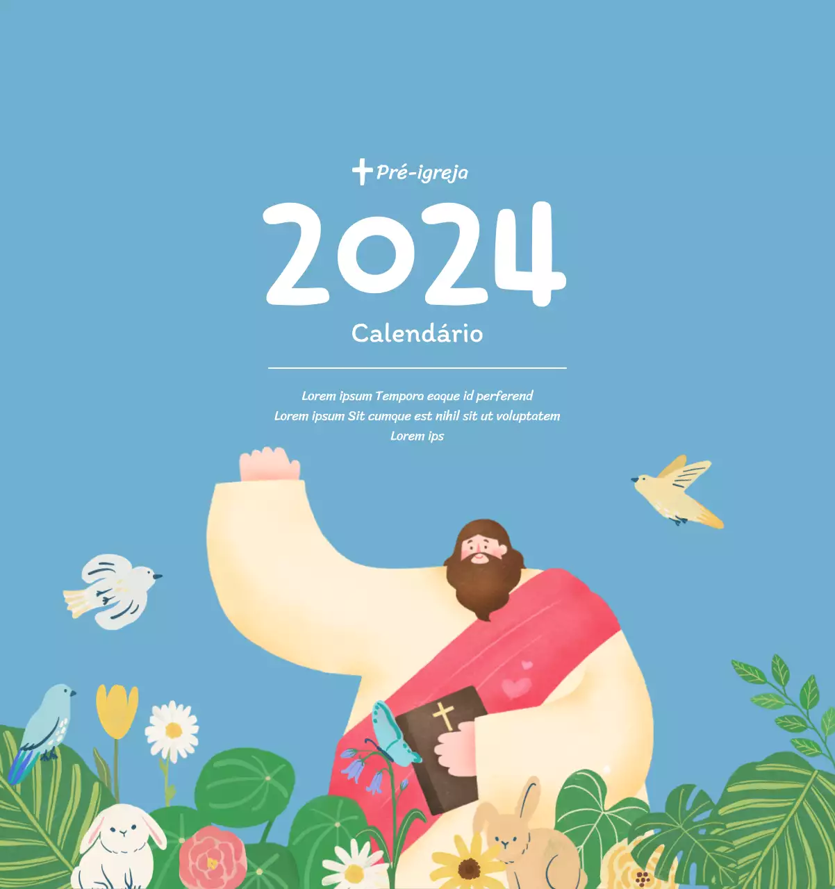 Um calendário devocional com ilustrações acolhedoras e versículos bíblicos sobre um fundo azul claro