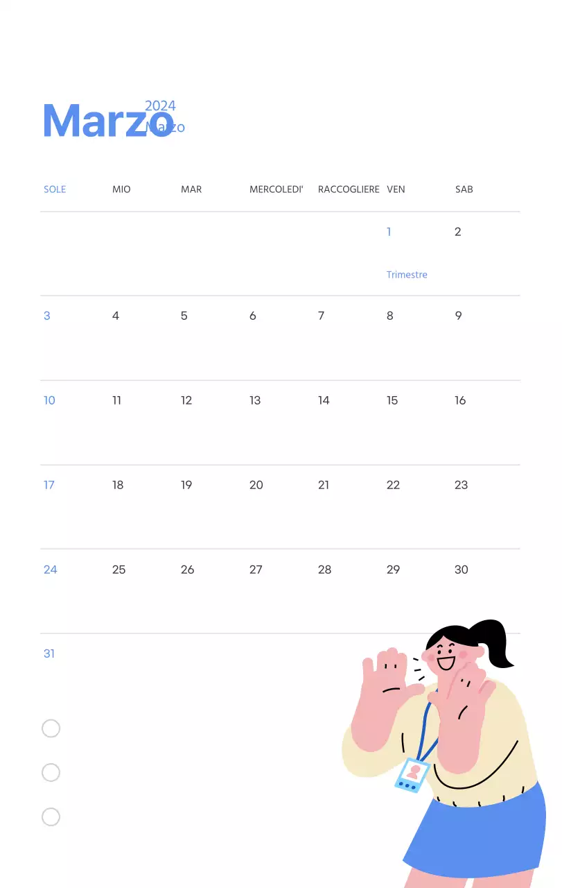 Calendario motivazionale con illustrazioni energetiche e citazioni positive su sfondo azzurro