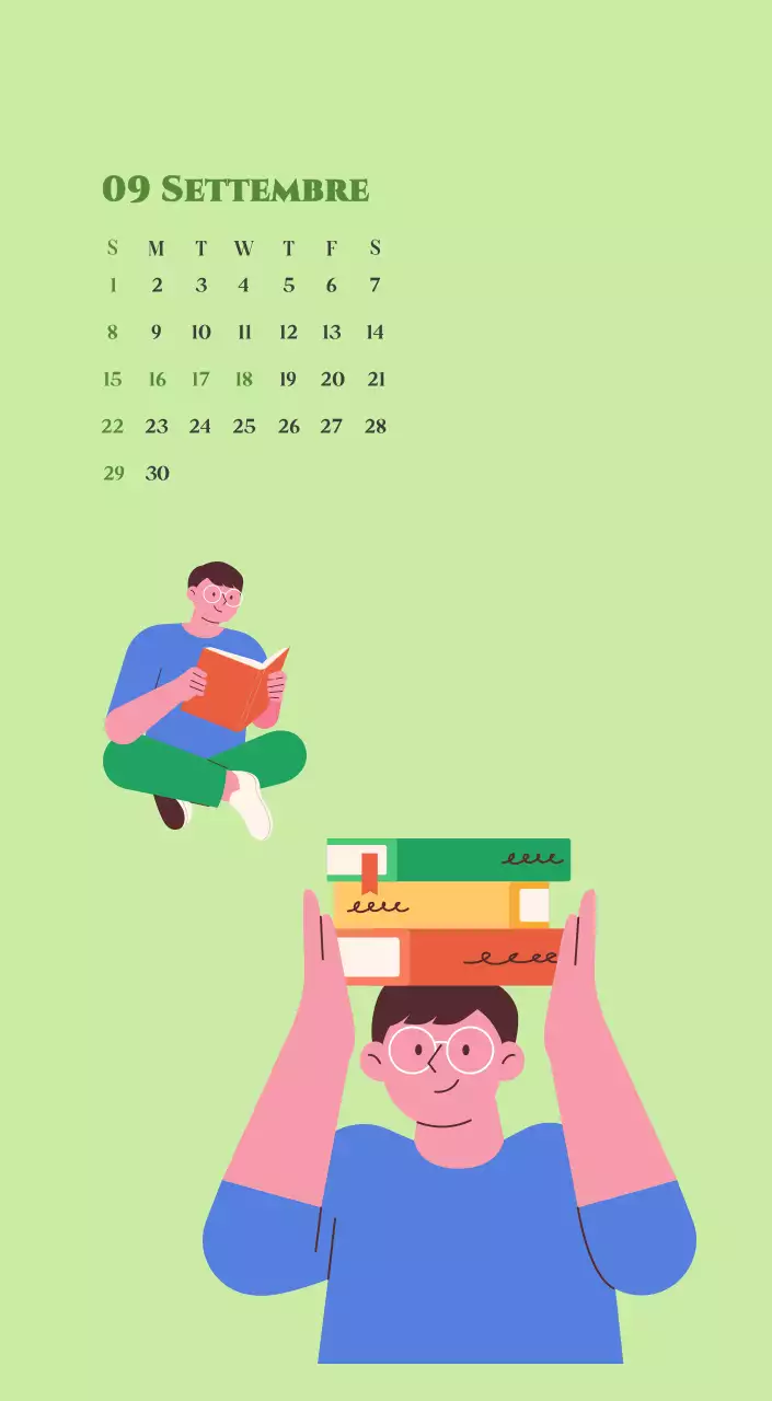Calendario con illustrazioni giovanili su sfondo giallo e verde