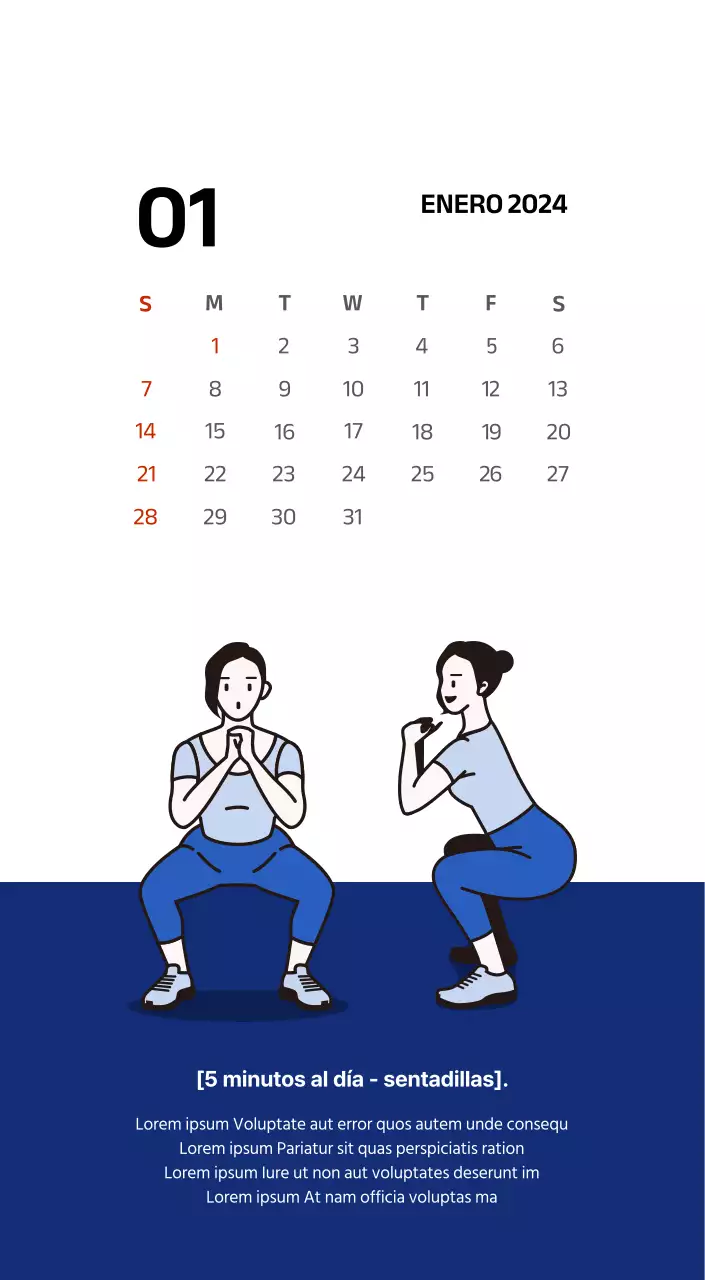 Calendario sencillo con ilustraciones limpias en azul