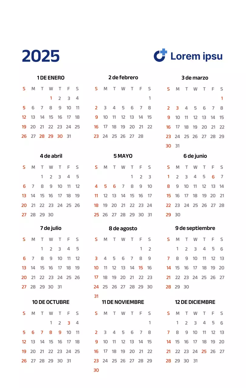 Calendario sencillo con ilustraciones limpias en azul