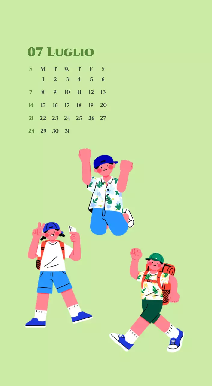 Calendario con illustrazioni giovanili su sfondo giallo e verde