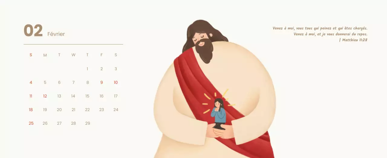 Un calendrier dévotionnel avec des illustrations douces et des versets bibliques sur un fond bleu clair.
