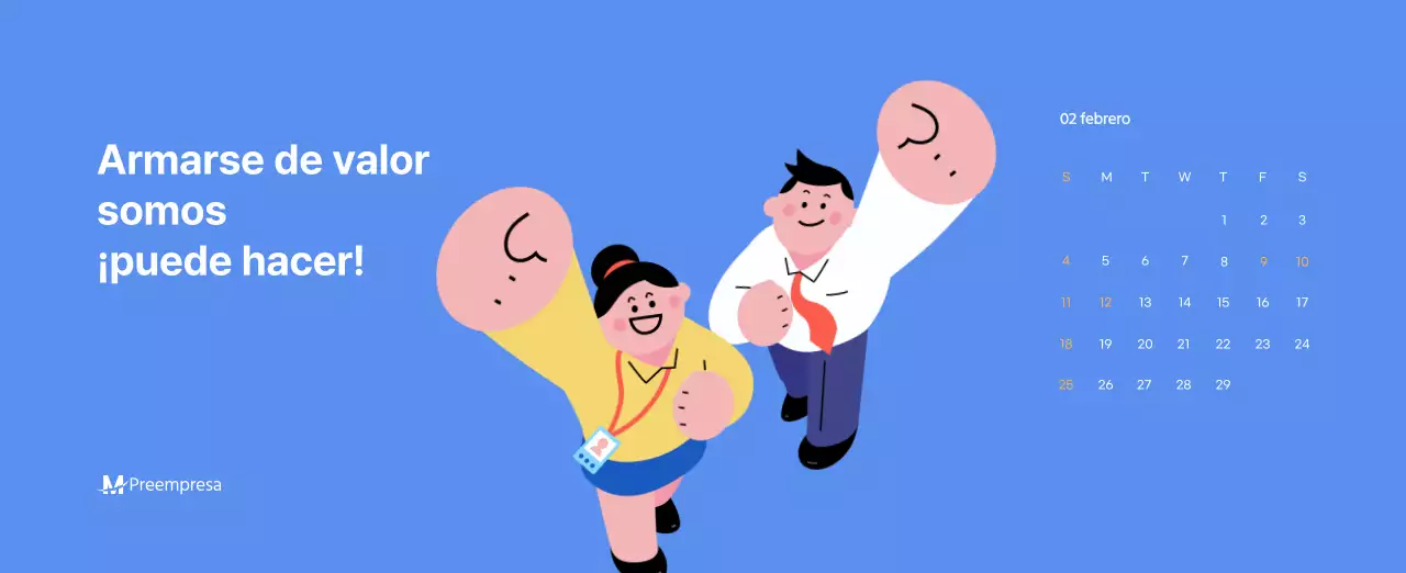 Calendario motivacional con ilustraciones llenas de energía y citas positivas sobre fondo azul claro